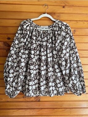 LOFT Tulip Peasant Button Sleeve Blouse Brown Ivory M Boho Cotton